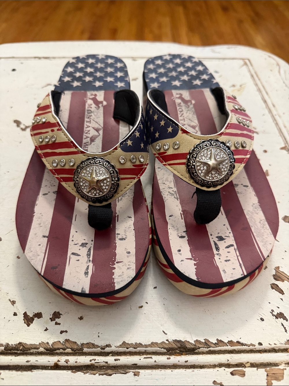 Montana West Red, White & Blue Star Concho Flip Flops